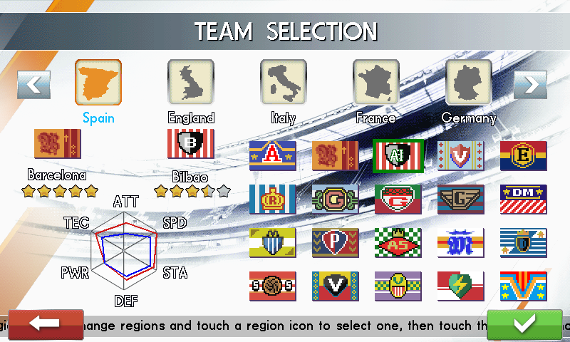 Real Football 2014 (J2ME) screenshot: Team selection (Samsung S8000 version)