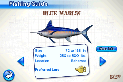 Fishing Kings (iPhone) screenshot: The Fishing Guide gives you information about the fishg you caught