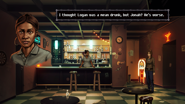 Unavowed (Windows) screenshot: Character origin story 3 - as a bartender, trying to talk sense to a guy who locked himself up in the bathroom.