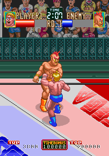 Wrestle War (Arcade) screenshot: Kicked him.