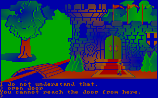 King's Quest (PC Booter) screenshot: Begin the game outside the castle (CGA with RGB monitor)