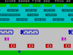 Road Frog (ZX Spectrum) screenshot: You're the thing down on the left. The thing that doesn't look like a frog at all.