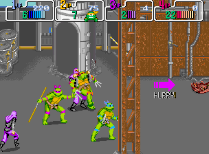 Teenage Mutant Ninja Turtles (Arcade) screenshot: Three players mode - Leonardo, Donatello, Raphael