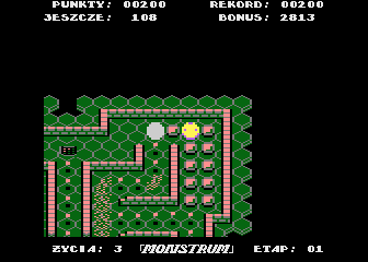 Monstrum (Atari 8-bit) screenshot: The snake loses a life when he bites its own tail