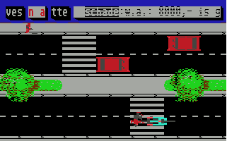 All Risks (Commodore 64) screenshot: Street: Moped; Oops! I thought that I still could dodge that person!