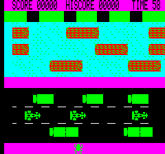 Road Frog (Oric) screenshot: Awful graphics, but at least the frog looks like a frog, unlike the Speccy version