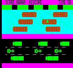 Road Frog (Oric) screenshot: Riding on a log – without attribute clash!