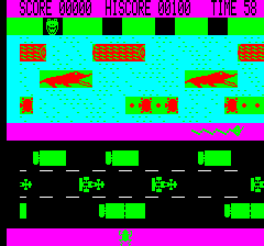 Road Frog (Oric) screenshot: The higher levels feature all kinds of predators