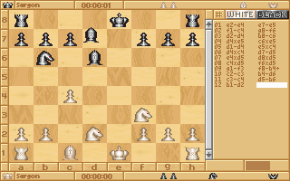 Sargon V: World Class Chess (DOS) screenshot: (VGA) 2D Wooden board, showing move list