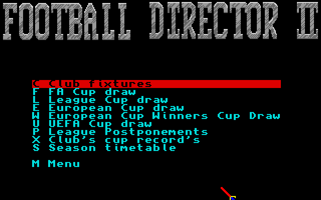 Football Director II (Amiga) screenshot: Club fixtures submenu.