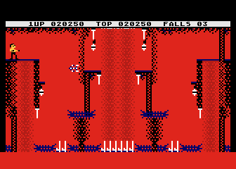 Bruce Lee (Atari 8-bit) screenshot: Accurate jump attempt
