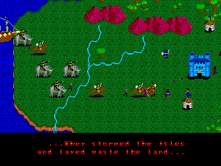 Dragon Isles (DOS) screenshot: (English) Intro: the conquering armies devastate the islands