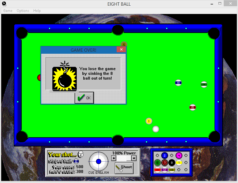 Multimedia Pool (Windows 3.x) screenshot: Oops!
