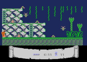 Caveman (Atari 8-bit) screenshot: Pink rock takes some energy