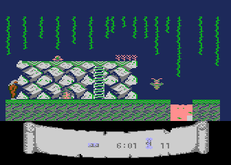Caveman (Atari 8-bit) screenshot: Pink flower takes some energy