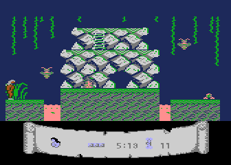 Caveman (Atari 8-bit) screenshot: Fall in the waters means instant death
