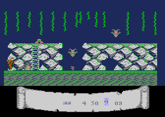 Caveman (Atari 8-bit) screenshot: Butterflies move from top to bottom