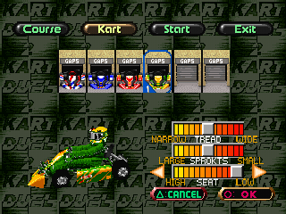 Ayrton Senna Kart Duel 2 (PlayStation) screenshot: Kart selection and customization... Huh? Are there two secret karts?