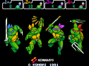 Teenage Mutant Ninja Turtles: Turtles in Time (Arcade) screenshot: Choose character