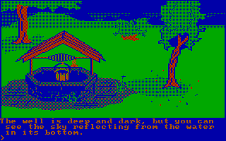 King's Quest (PC Booter) screenshot: Don't fall into that well... (CGA with RGB monitor)