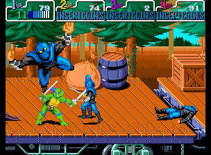 Teenage Mutant Ninja Turtles: Turtles in Time (Arcade) screenshot: A.D. 1885 throw through the screen