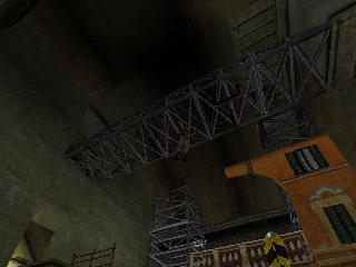 Tomb Raider: Chronicles (PlayStation) screenshot: Lara is hanging in the monkey bars.