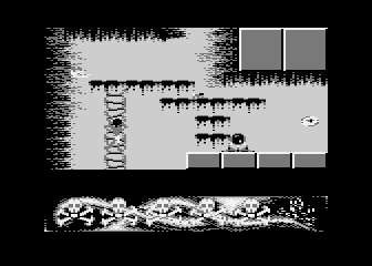 Fluid-Kha (Atari 8-bit) screenshot: Trapped item found, to get the item the player needs to switch off the trap by touching the eye icon