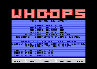 Whoops! 2 (Atari 8-bit) screenshot: Game over