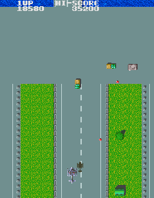 Gyrodine (Arcade) screenshot: Blast the vehicles.