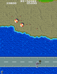 Gyrodine (Arcade) screenshot: Wave to the holidaymakers.