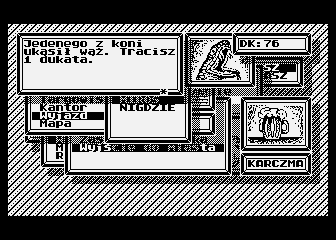 Kupiec (Atari 8-bit) screenshot: Random encounter - snake on the road