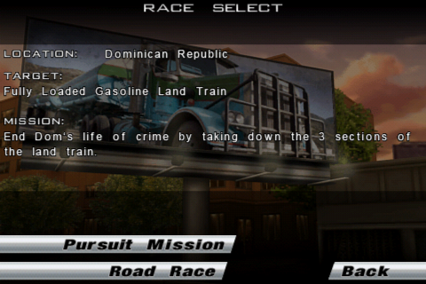 3D Fast & Furious (iPhone) screenshot: Race selection