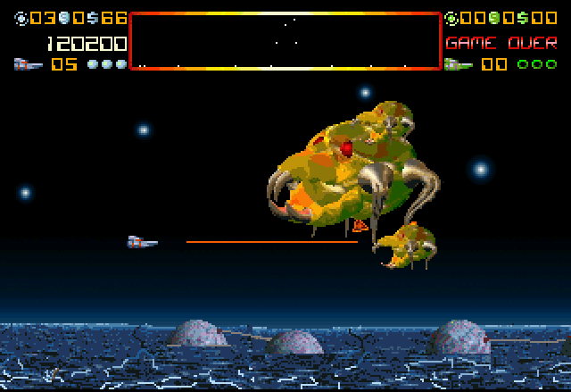 Protector (Jaguar) screenshot: Special Edition - Wave 10. This thing is still here. After each 5 wave from this one, you'll be greeted with new bosses, though not each 5 wave has a boss.