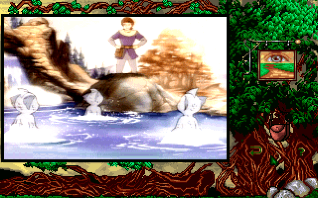 Kingdom: The Far Reaches (Windows) screenshot: Meeting someone bathing in the haunted waterfalls region (GOG version, window mode)