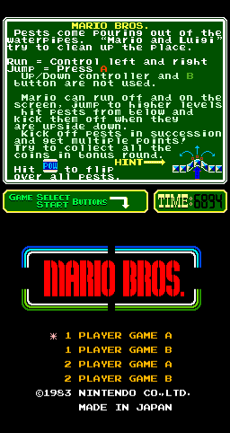 Mario Bros. (Arcade) screenshot: Title screen (Nintendo PlayChoice-10)