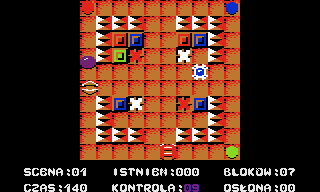 Ship (Atari 8-bit) screenshot: Heading to blue squares with control bonus remaining for next 9 seconds