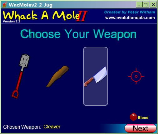 Whack A Mole (Windows) screenshot: Choose your weapon (and pick if you want blood or not)