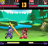 Samurai Shodown! 2: Pocket Fighting Series (Neo Geo Pocket Color) screenshot: Charlotte has some advantage with this sword move, but her energy is lower than Nakoruru's.