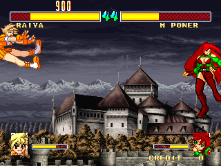 Tōki Denshō: Angel Eyes (Arcade) screenshot: Flying through the air.