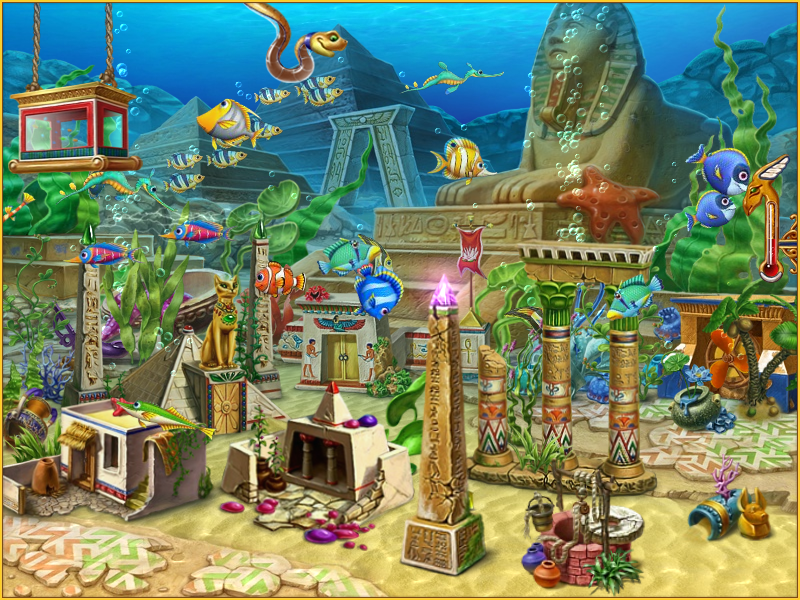 Fishdom 2 (Windows) screenshot: Finished second tank - Egyptian style. However, in this one some of the more expensive decorations are so large that they start obscuring one another.