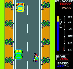 MotoRace USA (Arcade) screenshot: Road has narrowed.