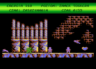 Tusker (Atari 8-bit) screenshot: Last few jumps to finish the game