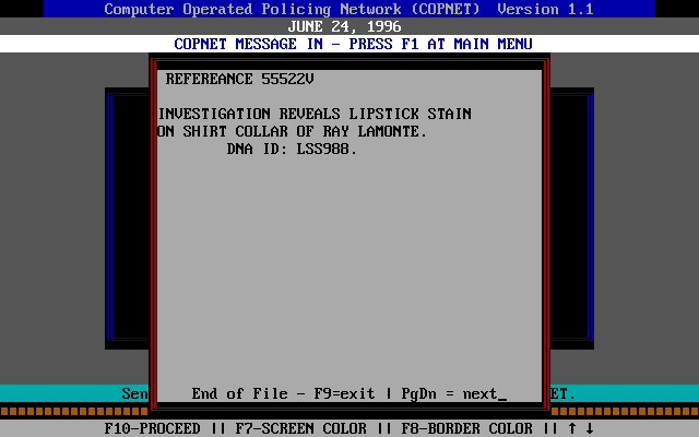 Presumed Guilty! (DOS) screenshot: A clue