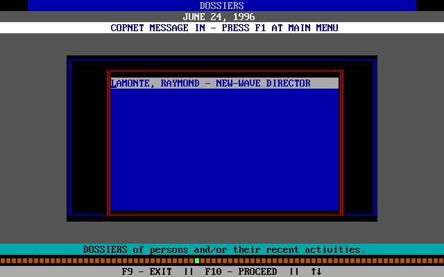 Presumed Guilty! (DOS) screenshot: Dossiers list