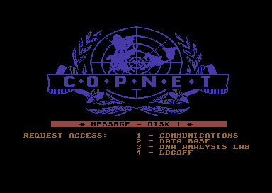 Presumed Guilty! (Commodore 64) screenshot: COPNET main menu