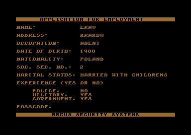 Presumed Guilty! (Commodore 64) screenshot: Application for employment