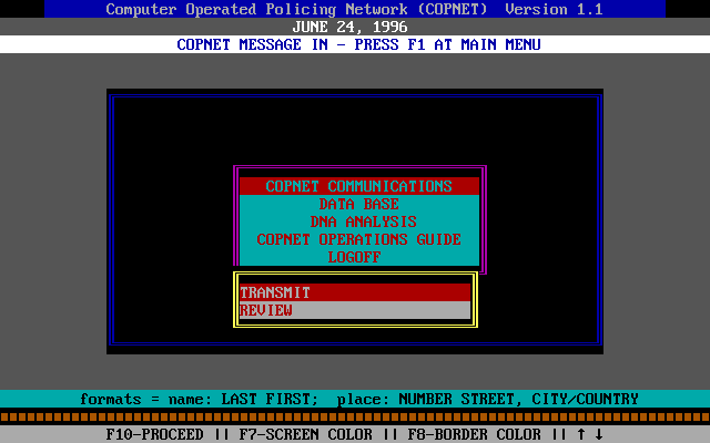 Presumed Guilty! (DOS) screenshot: Communications menu