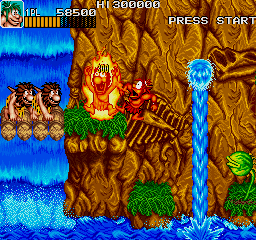Joe & Mac: Caveman Ninja (Arcade) screenshot: Burn!