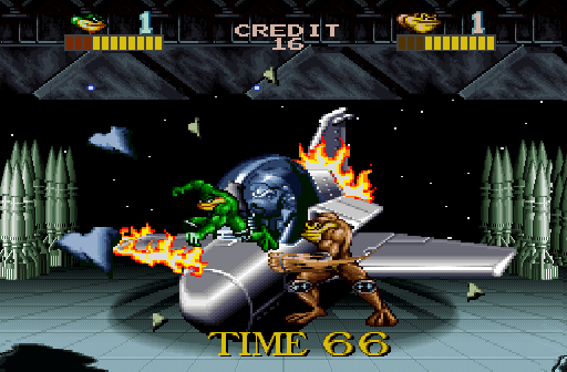 Battletoads (Arcade) screenshot: Bonus level - destroy the fighter plane within a time limit
