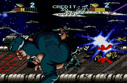Battletoads (Arcade) screenshot: Kicking a pig off the screen